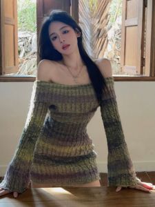 Womens Knitted Stripe One-Shoulder Dress High Waist Bateau Neck Short Skirt Long Sleeve Autumn Winter Fashion Commute Korean Style