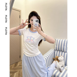 Flota Cute Flocking Rabbit Short Sleeve T-Shirt round Neck Slim Fit Summer Anti-Aging Shoulder Top Korean Style Cotton Blend