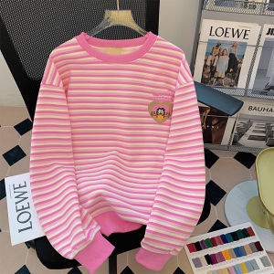 Fall Fashion Dopamine Pink Striped round Neck Sweatshirt Long Sleeve Gentle Style Ageless New 2023 Soft Wind Shirt Top