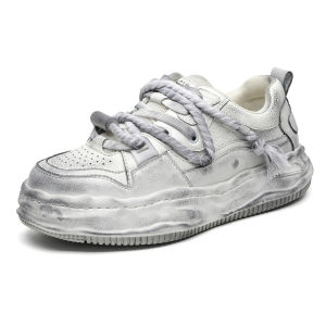 New Retro Worn-Out Sporty Casual Mens Shoes Thick Bottom Heightening Board Shoes Popular Youth Mesh Lined Upper round Toe Rubber Sole