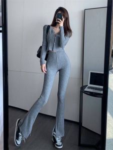 Spring Fashion Short Sleeve Womens Set High Waist Bell Bottoms Cardigan Top And Pants Two Piece Suit for Small Stature
