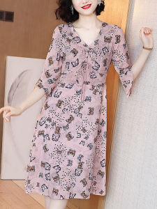 Sweet Silk Floral Dress V-neck A-line Waist-cinching Summer New Style for Women Mid-length Seven-sleeve Belted Print Dress