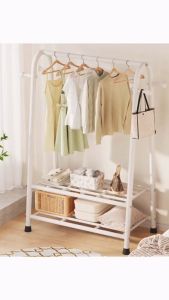 ราวตากผ้า ราวแขวนเสื้อผ้า สไตล์มินิมอล บาร์เดียวมี ชั้นวางของ 2 ชั้น ตะขอแขวนเหมวก โครงเหล็ก รับน้ำหนักได้ 25 กก พร้อมส่ง JU