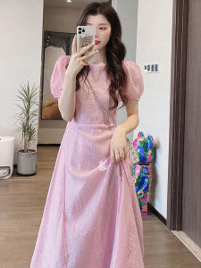 Sweet Milk Skirt Romantic Vintage Long Dress Pear Body Shape Fairy Ultra Fairy Forest System Pink Bubble Sleeve Dress