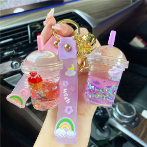 Internet Celebrity Oil Macaron Cake Milky Tea Cup Floating Bottle Keychain Female Exquisite Liquid Drifting Pendant Bag Charm