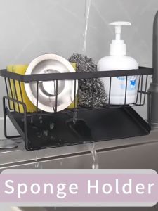 Sponge Holder For Kitchen Sink With Towel Hanger Bar Detergent Rack