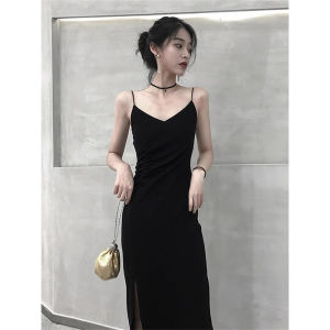 Elegant Black V-neck Slim-fit Summer Dress Fashionable French Style Commute High-waist Korean Version Mid-length Gown