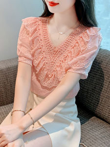 Fashionable Short Sleeve Womens Lace Shirt Loose V-neck Summer New Style Elegant Loose Personality Bead Top Ladylike Commute