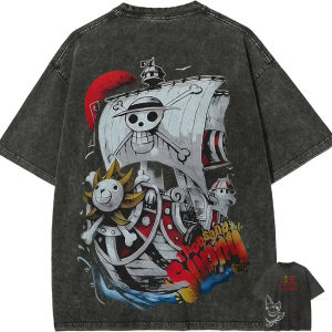 Bandai | Thousand Sunny T Shirt Men Acid Wash Anime One Piece Ship Graphic Cotton Vintage Gym Streetwear Pirate Boat To Be Continued Tee