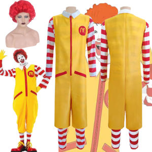 Adult Kids Circus Clown Costume Yellow Mcdonald Cosplay Jumpsuit Red Clown Wig Outfit Halloween Joker Onesie Performing Fancy Costumes