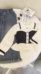 BALALE Setelan Fashion Anak Perempuan Atasan Fake Two Pieces & Jeans Longgar Model terbaru