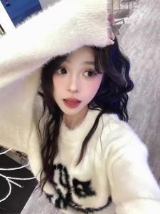 American Letter Thickened Womens Knitted Sweater Soft Loose Lazy Style Fall Winter Faux Fur Softwear round Neck Long Sleeve