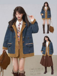 KEIKO | Áo Khoác Cổ Bẻ Phối Nỉ và Jeans Vintage Nữ Thu