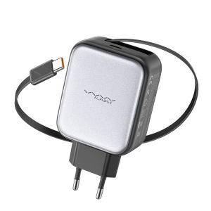 Vyvylabs GaN 65W Type-C Fast Charger EU/US Plug Charger Mini Wall Charger With Retractable C Cable Travel Charger