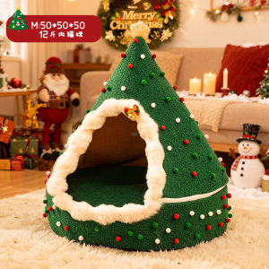 Christmas Themed Cat House Winter Warm Thickened Removable Cover Closed Design Fleece Lined Cat Tent for Cats Pet Supplies