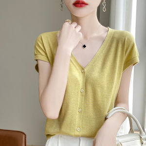 เสื้อคาร์ดิแกนถักคอวีผ้าขนสัตว์บางสำหรับผู้หญิง ฤดูร้อน 2024 คอกลม ปกติ เสื้อสเวตเตอร์ถัก เสื้อคลุมคาร์ดิแกน ผ้าขนสัตว์