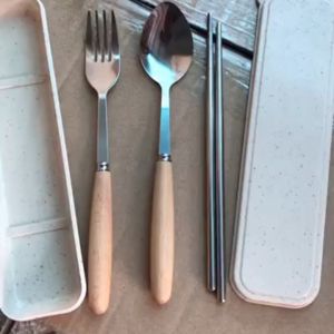Bộ muỗng đũa văn phòng inox 304 chống hen rỉ Bộ muỗng đũa cá nhân cán bằng gỗ