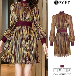 ZYHT EraVogue เดรสผู้หญิง เดรสผู้หญิง เดรสสีทอง เดรสแขนยาว เดรสเงางาม 30761