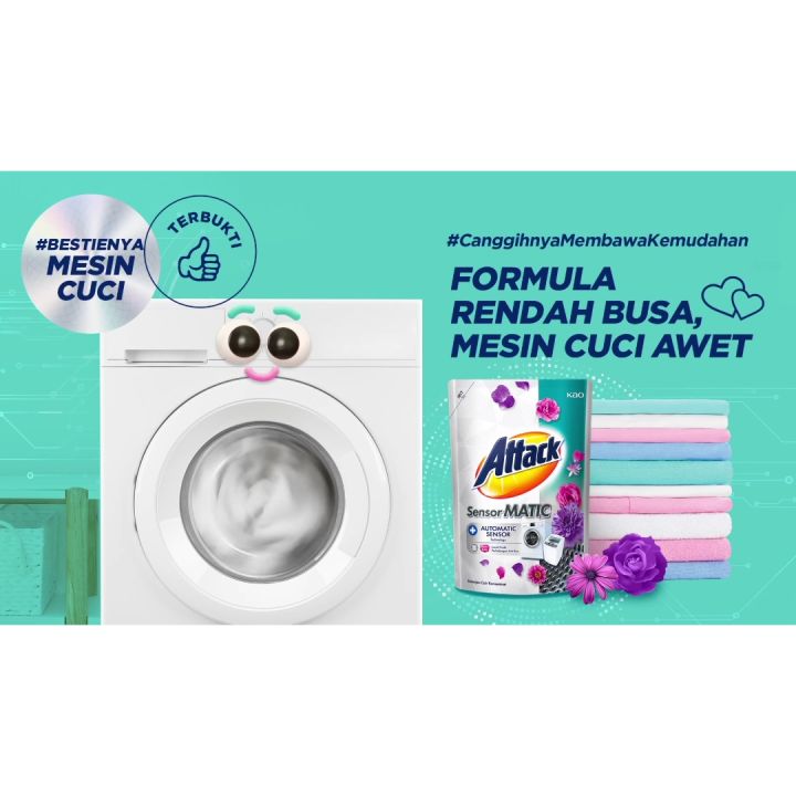 Attack Sensor Matic Deterjen Bubuk Semua Jenis Mesin Cuci Bag 800 gr - Sabun Cuci Pakaian Liquid - 9 Hi Tech in 1, Formula Rendah Busa, Jitu Lacak Noda, Bersih Tuntas, Lebih Puas