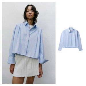 Blue Striped Simple Shirt Loose Fit Pure Cotton Long Sleeve Polo Collar Short Length Button Placket Clothing for Women