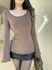 GUZILIAN | Slim Fit Long Sleeve Fleece Lined U Neck Micro Flared Base Shirt Womens Autumn Winter Pure Desire Style Inner Wear T Shirt