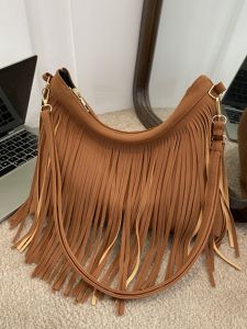 Meria European Style Double-Sided Tassel Womens Shoulder Bag Soft Leather Retro Crossbody Dumpling Bag for Casual Scenarios