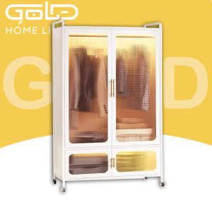 GOLD Metal Wardrobe with Wheels Portable Almari Baju Almari Tudung Large Capacity Dustproof Cabinet Clothes Bedroom Storage Cabine衣柜