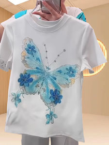 Áo Thun Cotton Cổ Tròn in Hình Bướm Tay Ngắn Mùa Hè 2025 Phong Cách Hàn Quốc Dành Cho Nữ Chất Liệu Cotton Thường Ngày