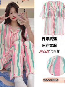 Womens One-Piece Pajamas with Chest Pad Summer 2024 New Arrival Cardigan Short Sleeve Shorts Summer Retro Oil Painting Home Wear