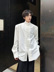 New Chinese Style Stand Collar Long Sleeve Casual Shirt Mens French Design Pleated Shirt Lightweight Outerwear Jacket