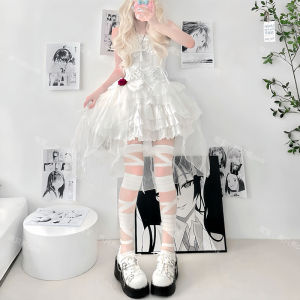 Lolita White Bandage Cross Strap Spun Glass Knee Socks Japanese Style JK Transparent Lace Summer Long Tube Thigh High Socks