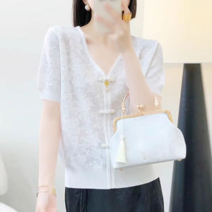 Áo Len Dệt Kim Tay Ngắn Cổ Chữ V Ren Thêu Phong Cách Trung Hoa Mới Mùa Hè Áo Sơ Mi Nữ Tay Lửng Cổ Chữ V Ren Thêu