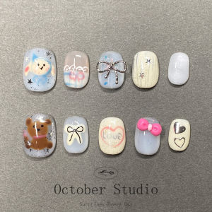 Handmade Cute Bear Design Nail Art Wearable Short Claws Pure Handcraft White Butterfly Knot Autumn Winter Fashion Beauty Tools