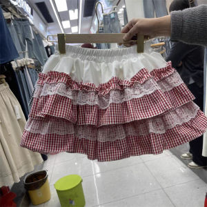 Váy Ngắn Xếp Ly Ren Hồng Kẻ Caro Cho Nữ Mùa Xuân 2025 Váy Ngắn Xếp Ly Cổ Điển Ngọt Ngào Váy Dài Nửa Thân Váy Xếp Ly