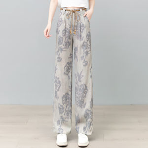 กางเกงขายาวทรงหลวมเอวสูงพิมพ์ลายดอกไม้ผ้าลินินสำหรับผู้หญิงในช่วงฤดูร้อนปี 2025 กางเกงขายาวทรงหลวมสบาย ๆ ลำลอง ทรงหลวม