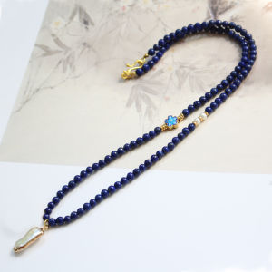 High Quality Natural Lapis Lazuli Necklace with Gold Lock Amber Pendant Cord And Chain Clavicle Bone Sweater Vintage Style