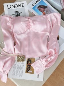 Elegant French Pink One-Shoulder Bubble-Sleeve Short Top Satin Fabric Fashionable Spring Autumn High-End Ladys Shirt T-Shirt