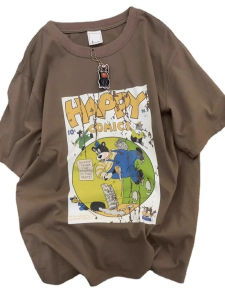 เสื้อยืดแขนสั้นพิมพ์ลายการ์ตูนสไตล์ญี่ปุ่นย้อนยุคสำหรับผู้หญิงในช่วงฤดูร้อน ทรงหลวม แขนสั้น ทรงหลวม แขนสั้น แขนครึ่งตัว แฟชั่นสตรีท