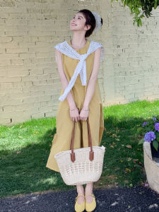 Yellow French Style Sleeveless Vest Dress Womens Summer New Sweet Anti-Aging Small Size Beautiful Vest Skirt Soft Polyester Fiber