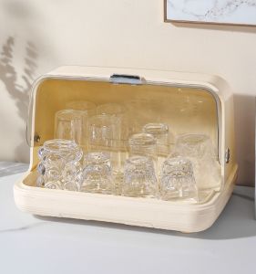 Dustproof Plastic Cup Storage Box with Drainage Rack for Glass Tea Cups And Saucers Kitchen Desktop Organizer Home Accessories