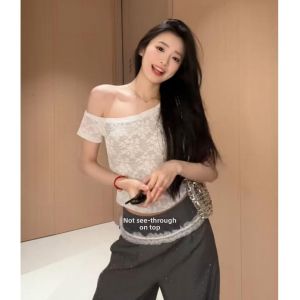 YUEZHONGWEI | Off Shoulder Irregular Lace Short Sleeve T-Shirt