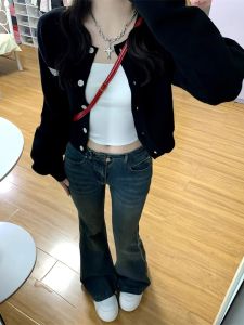 เสื้อคาร์ดิแกนถักสีดำแขนยาวทรงสั้นสำหรับผู้หญิง เสื้อคลุมกันหนาวแบบสวมหัวสไตล์เกาหลี ทรงหลวม ปกติ