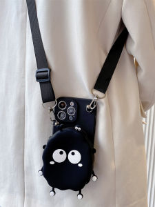 กระเป๋าใส่เหรียญสีดำ ปกป้อง Apple 17 pro โทรศัพท์มือถือ iPhone 16 pro Max ปกป้อง 13 กระเป๋าสะพายข้าง 15 pro สายสะพาย 14 plus ลายการ์ตูนน่ารัก 12 ปกป้องเต็มจอ 11 กระเป๋าสะพายข้างสำหรับผู้หญิง XS สายโซ่