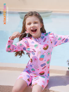 Trendy Childrens One-Piece Swimsuit Long Sleeve Swimming Suit Baby Girls Fashionable Sunscreen Beach Vacation Surfwear