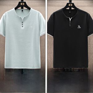 ROMON | Lormen Mens Short Sleeve T-Shirt Ice Silk Thin V-neck Summer Fashion Urban Style Standard Fit Embroidered Label Cool Feeling