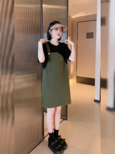 plus Size Summer Dress Color Block Strap Womens Frock Belly Concealing Slim Straight Skirt Korean Style Commute Other