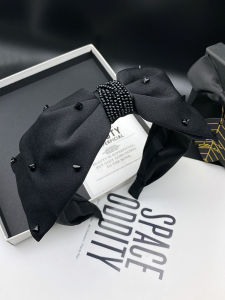 Black Bowknot Crystal Embedded Hairpin Hairband Womens Fashionable Wide Edge Hair Bundling Headwear Original Design Fresh out