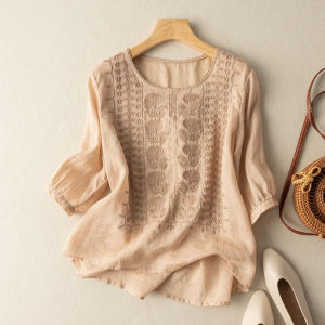 Summer Cotton Silk Short Sleeve Womens T-shirt Mom Style Korean Version round Neck Loose Fit Shirt Commute Pure Color Top