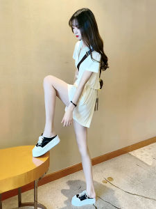 Fashionable Outfit Set Women Summer Small Size Asymmetrical Top High Waist Mini Skirt Slimming Two Piece Cotton Zipper Short Sleeve