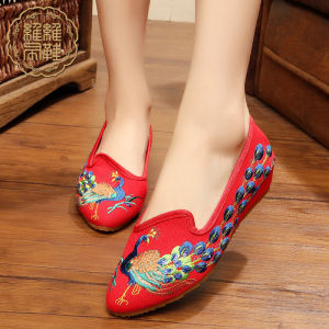 Spring 2022 Beijing Style Womens Single Shoes Embroidered Peacock Pointed Toe Heightening Cow Tendon Bottom Hanfu Footwear